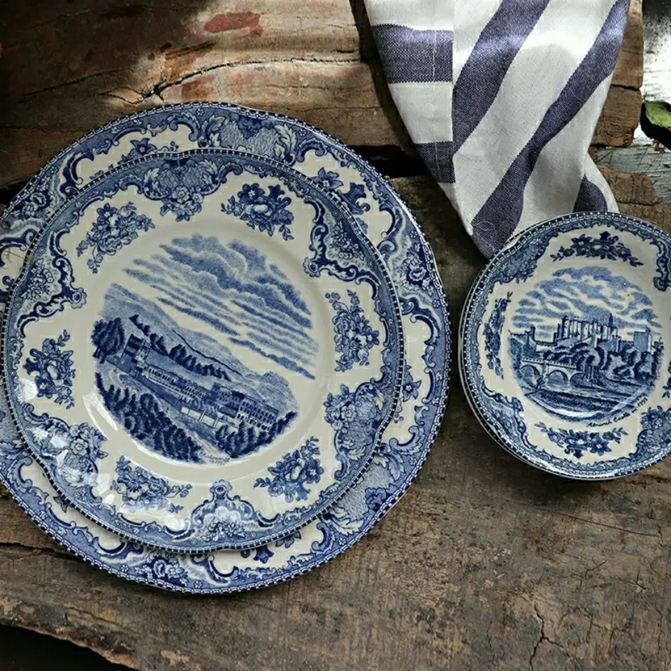 Ceramic Vintage European Blue Castle Steak Flat Soup Plate Bread Plate