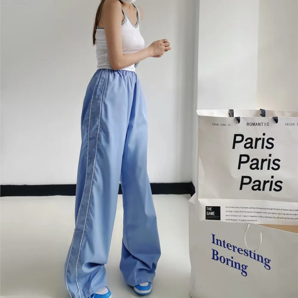 Retro Cargo Pants Side Stripes Elastic Waist Wide Leg Loose Summer Trousers for American Women
