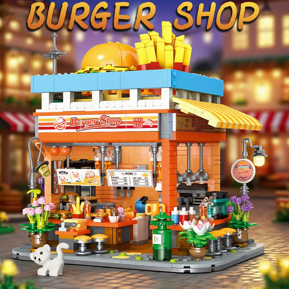 

Креативные 1727 шт., магазин гамбургеров с видом на улицу, строительные блоки MOC, модульные наборы для сборки, украшение для рабочего стола, идеи модели, игрушки, подарки