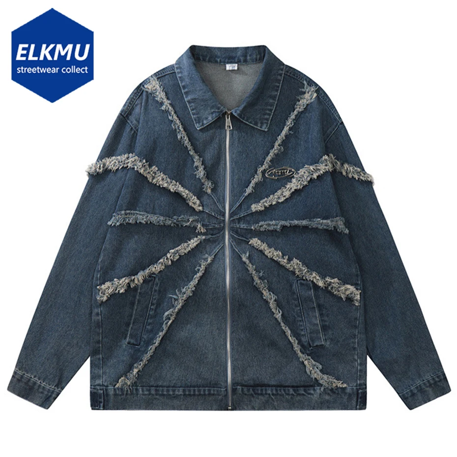 

Tassel Splicing Denim Jackets Zipper Coat Men Streetwear Harajuku Oversized Hip Hop Blue Jeans Jacket