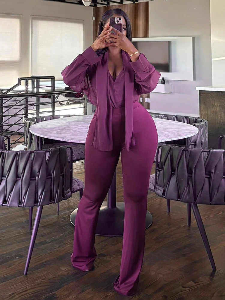 Nibber Slim 2-teiliges Set für Damen, Netzstoff, V-Ausschnitt, Band, dünnes Hemd + Schlaghose, passende Hottie, schlichtes, elegantes Büro-Stretch-Outfit