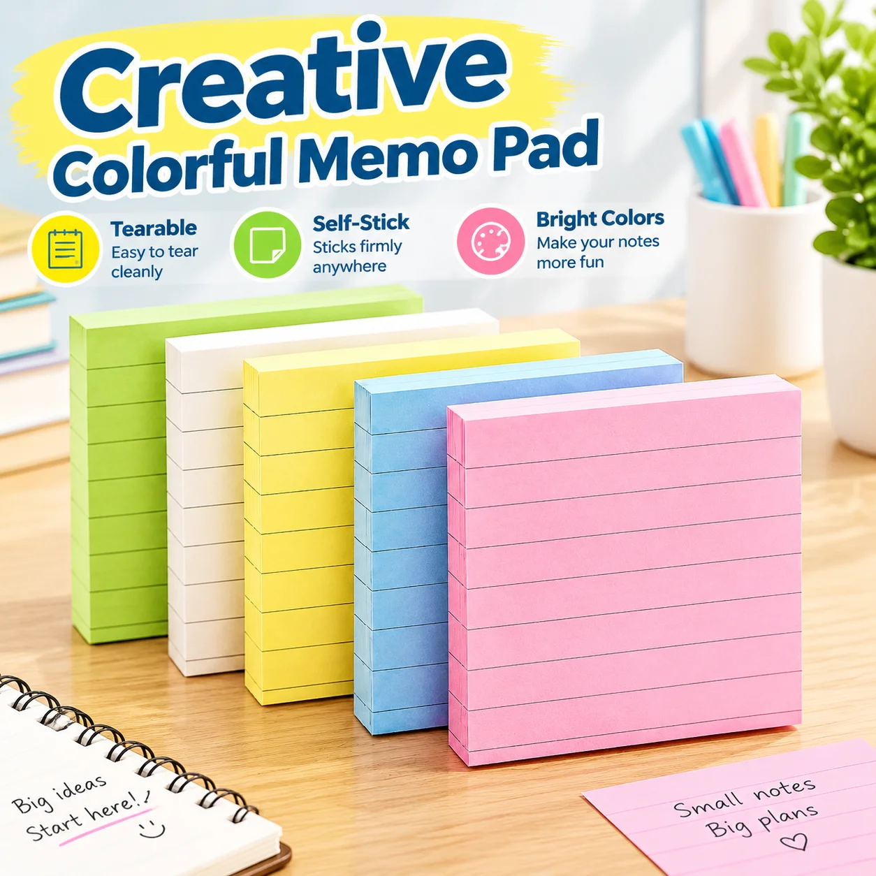 Creative Colorful Lined Tearable Self-Stick Memo Pad Minimalist Note Paper for Student Office Message Jotting Stationery Gadget