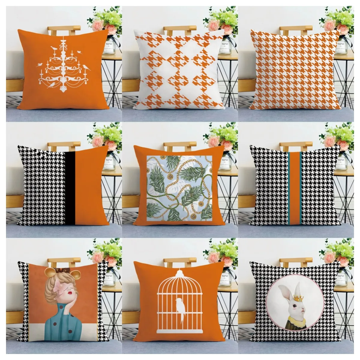 Orange geometric check pattern throw pillow cover with short plush print living room sofa decoration cushion cover pillow covers
