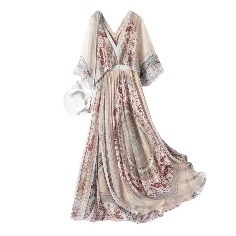 

Women Silk Mulberry Silk Dress V-neck Temperament Dress