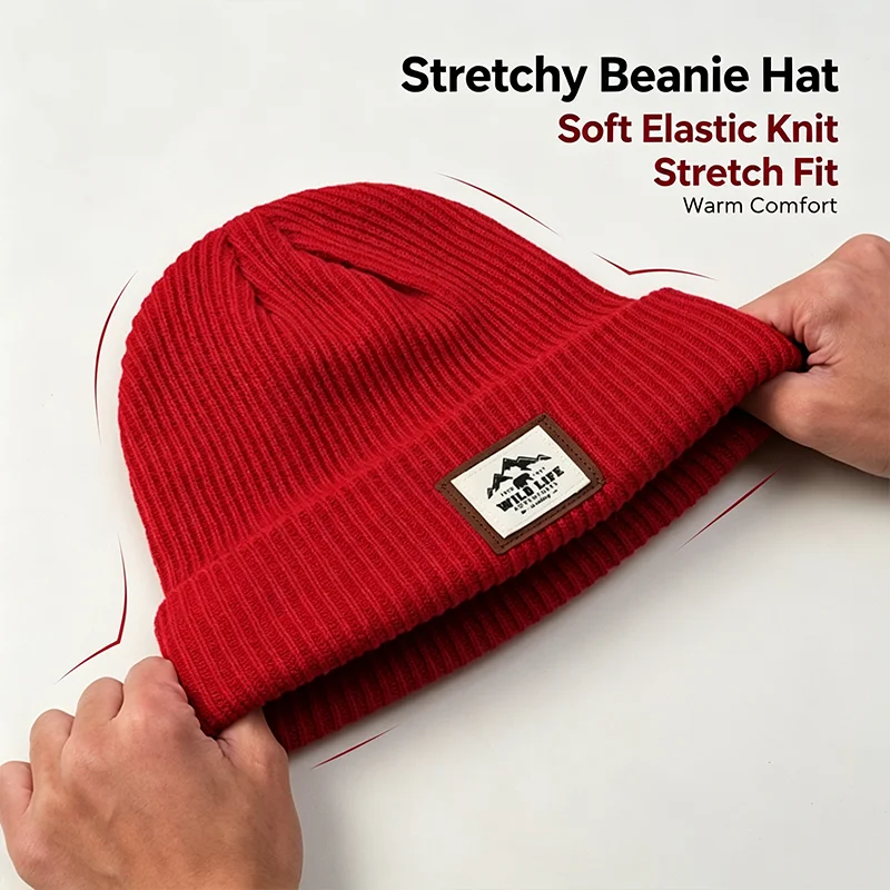 Winter Knit Beanie Hat Warm Skull Cap Elastic Ribbed Cuffed Beanie Men Women Outdoor Mountain Patch Daily Bonnet Gorras
