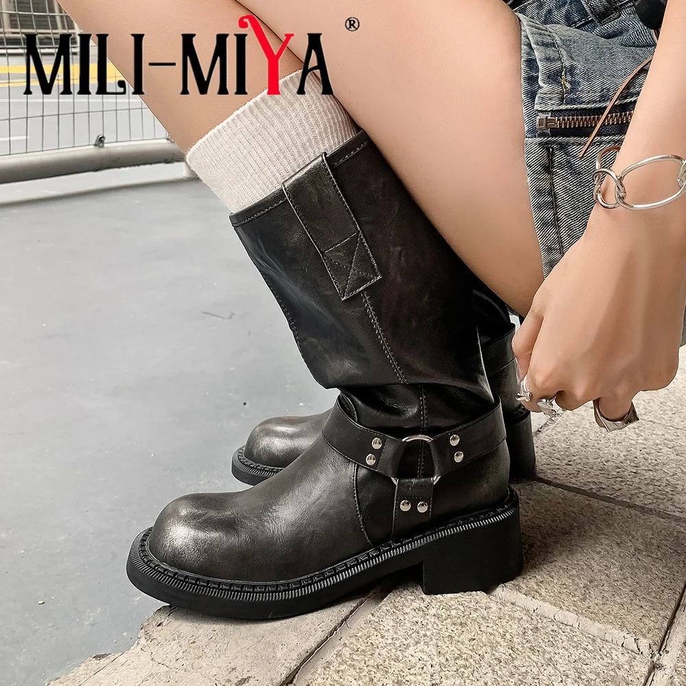 MILI-MIYA Ladies' Vintage-Style Distressed Cow Leather Mid-Calf Boots Round Toe Chunky Heel Pull-On Casual Boots Big Size 34-40