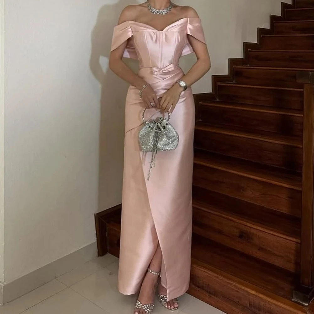 

Customized Straight Evening Dresses Ankle-length Off The Shoulder Sleeveless Prom Gown Simple Fashion Pleat Backless Party Gown
