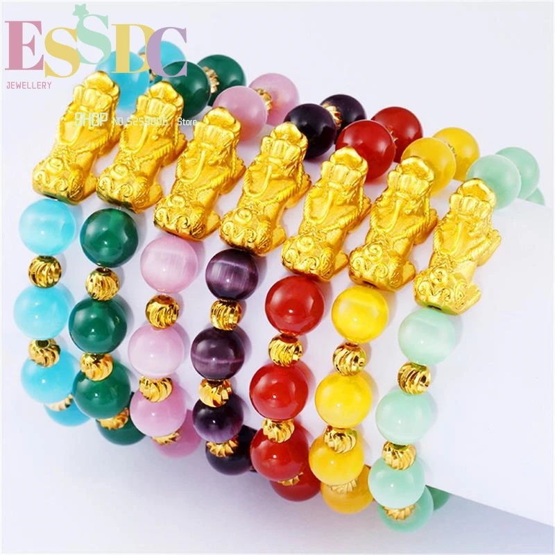 Wholesale Natural Cat's Eye Stone Pixiu Charm  Fashion Women's Sand Gold  Bracelet 7 Colors Onyx Beads Jewelry