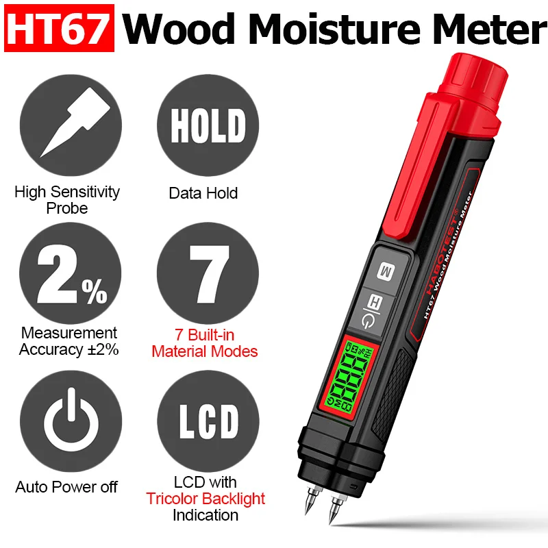 HT67 Digital Wood Moisture Meter High Precise Professional Wood Humidity Tester 0~58% Portable Pen-Type Timber Hygrometer Meter