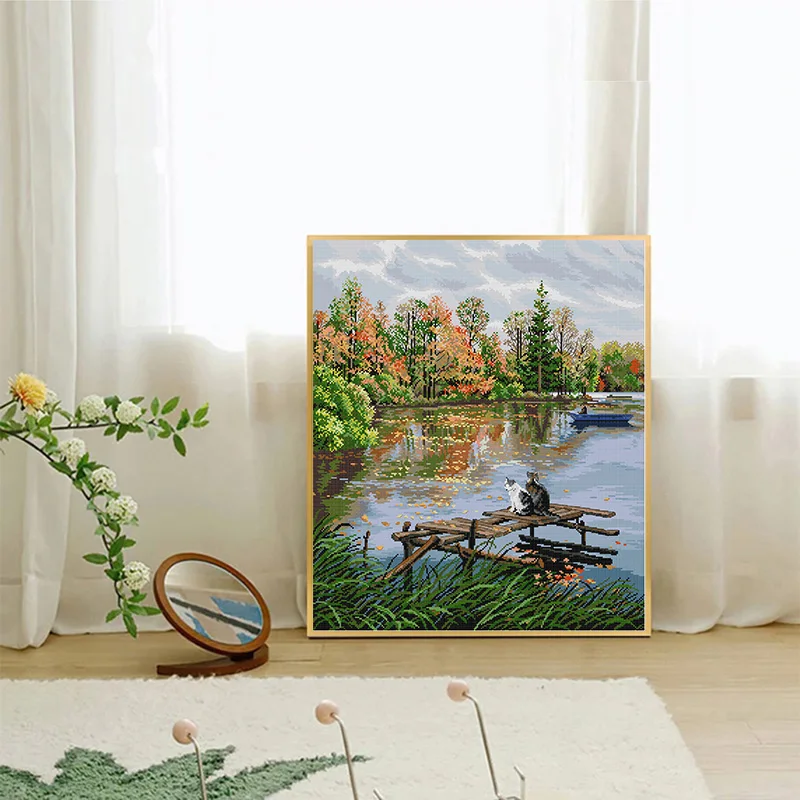 Joy Sunday Riverside Landscapes Cross Stitch DIY Haft Cat View Print Liczone robótki Diy Malarstwo Dekoracja domu