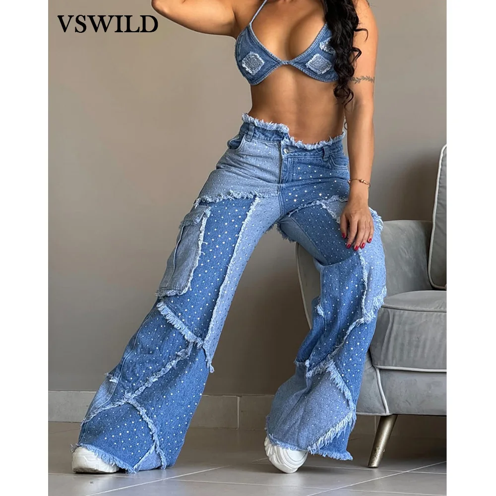 High Waist Women Patchwork Jeans Baggy Y2k Oversize Denim Trouser Vintage Jean Pants Stretch Denim Straight Pants Wide-leg