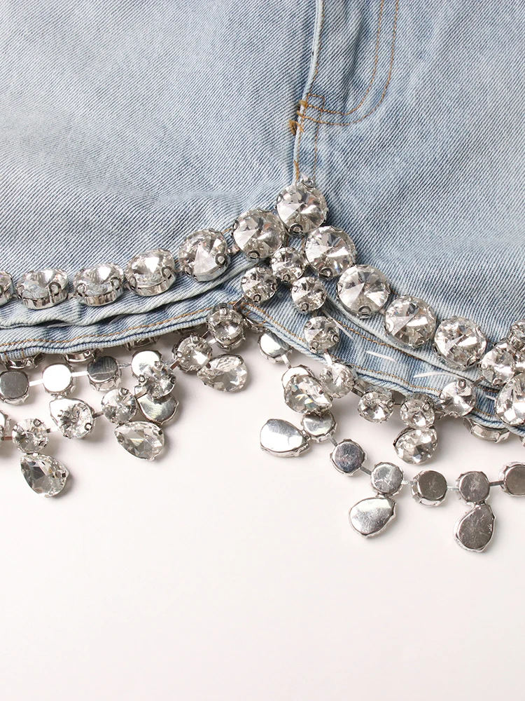 GYMAMAZES Denim Spliced Diamonds Skirts For Women High Waist Patchwork Pockets Temperament Vintage Skirt Female Fashion Clothing