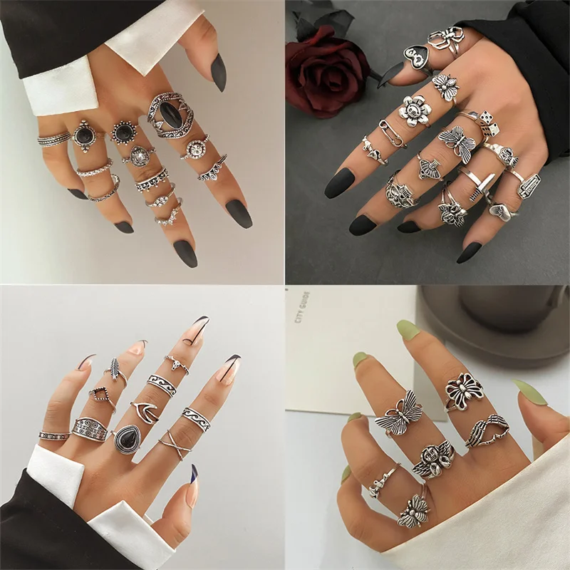 IFME Multiple Styles Trendy Vintage Boho Knuckle Ring Set For Women Crystal Geometric Finger Rings Fashion Bohemian Jewelry