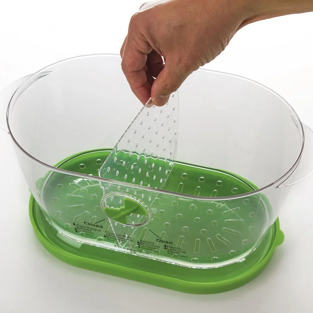 

Vegetable Storage Keeper with Adjustable Vent Patented Design Dual Lid Colander Freshness Retention Kitchen Organizer 4.7 Qt