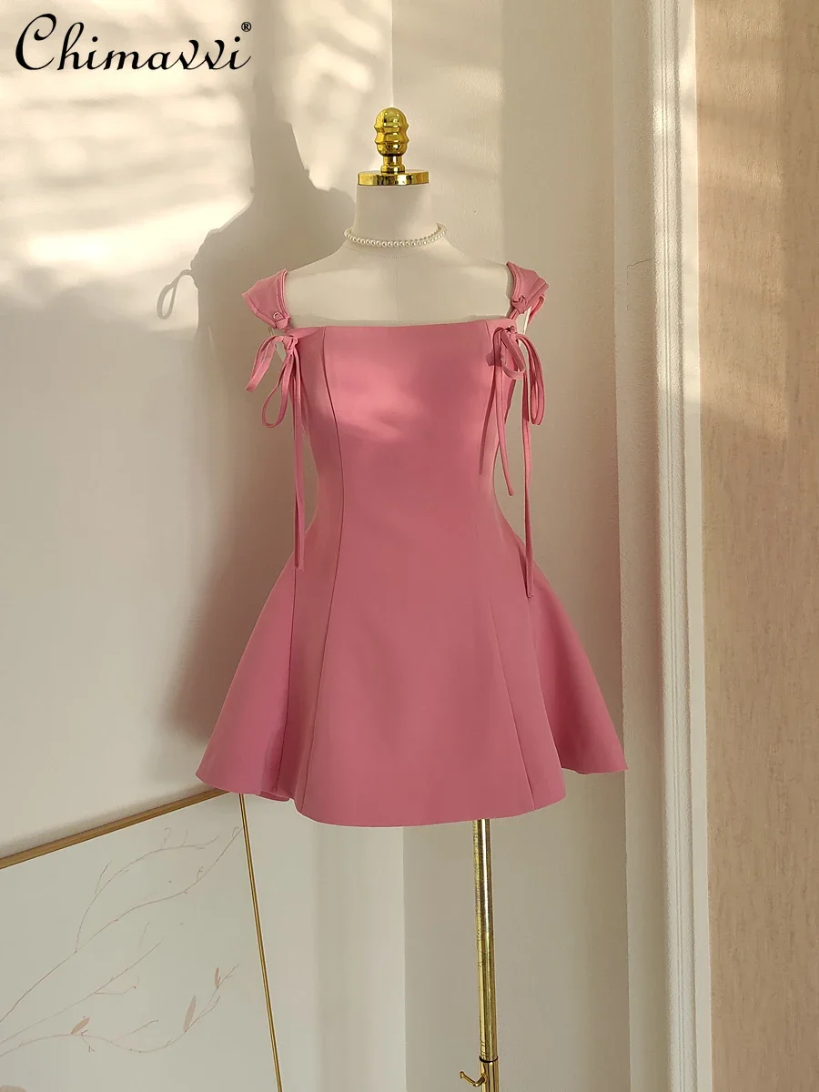 

French Elegant Socialite Lace-up Bow Square Neck Sleeveless High Waist Slim A-line Pink Short Birthday Evening Sling Dress Women