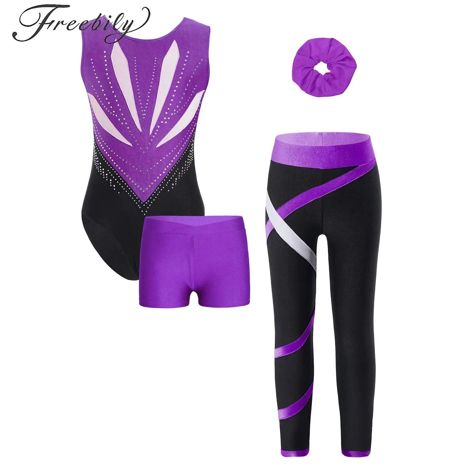 

Kids Girls Sleeveless Rhinestones Gymnastics Leotards+Shorts+Leggings+Hair Band 4Pcs Set for Figure Skating Ballet Dance Outfits