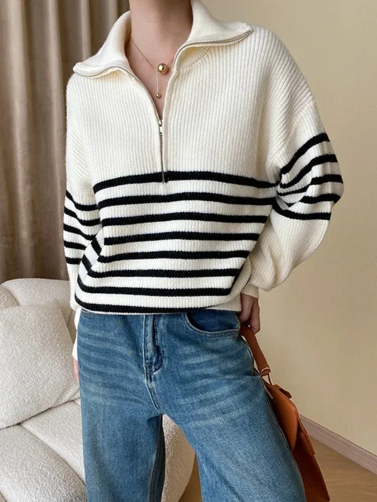 Zipper Turn-down Collar Pullover Women Casual Black White Stripe Korean Style Sweater Loose Knitted Long Sleeve Vintage Sweaters