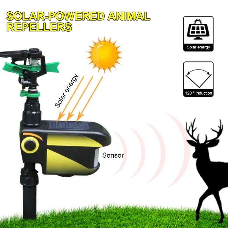 Solar Powered Motion Activated Animal Repeller Sprinkler Garden Animal Deterrent Sprinkler Automatic Rotating Large Area Farm