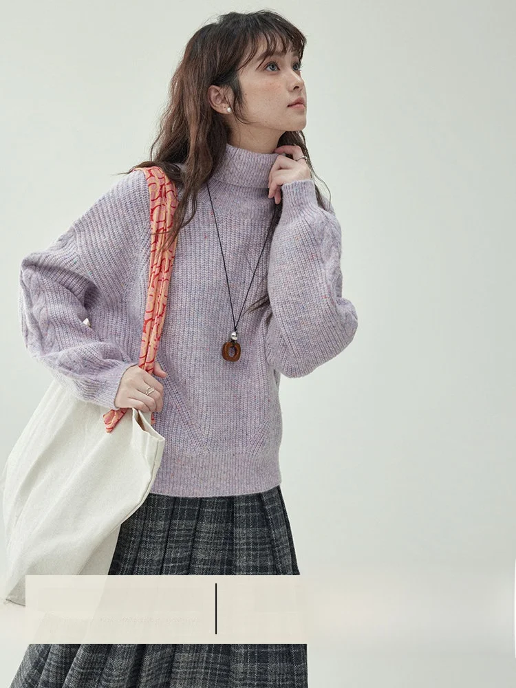 Thickened Woolen Sweater Women's High Collar Lantern Sleeve Long Sleeve Winter Top AMUU Original Korean Style North Island
