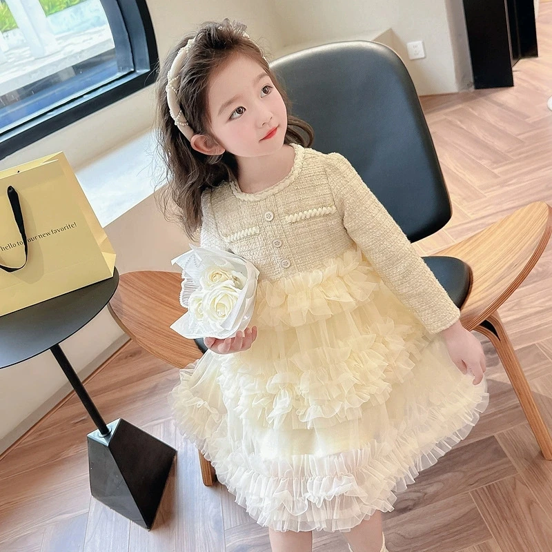 Girls Dress Autumn Winter 2025 New Fashionable Children Cake Dress Girls Little Fragrant Style Velvet Mesh Princess Dress