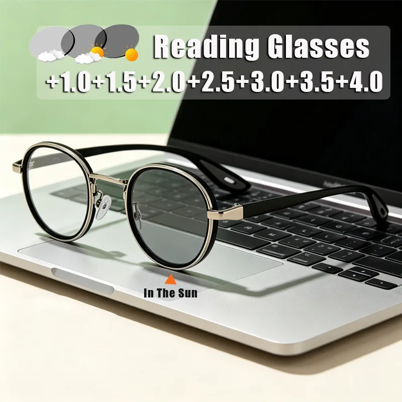 Metal Round-Frame Photochromic Reading Glasses Fashion Simple Color Changing Lenses Turn Grey Presbyopia Glasses Unisex Goggles
