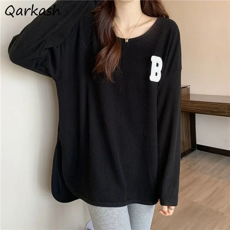 

Letter Sweaters Pullovers Women Fashion Korean Style Baggy Ulzzang Jumpers Side Slit Autumn and Winter Vintage Streetwear Chic