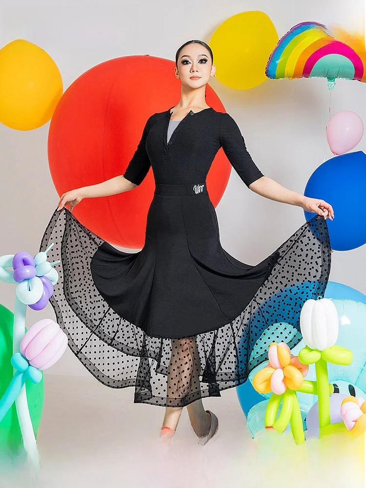 

Современная танцевальная юбка для женщин с высокой талией, с большим сетчатым оборчатым подолом, в горошек, для танцев Fibone Stand