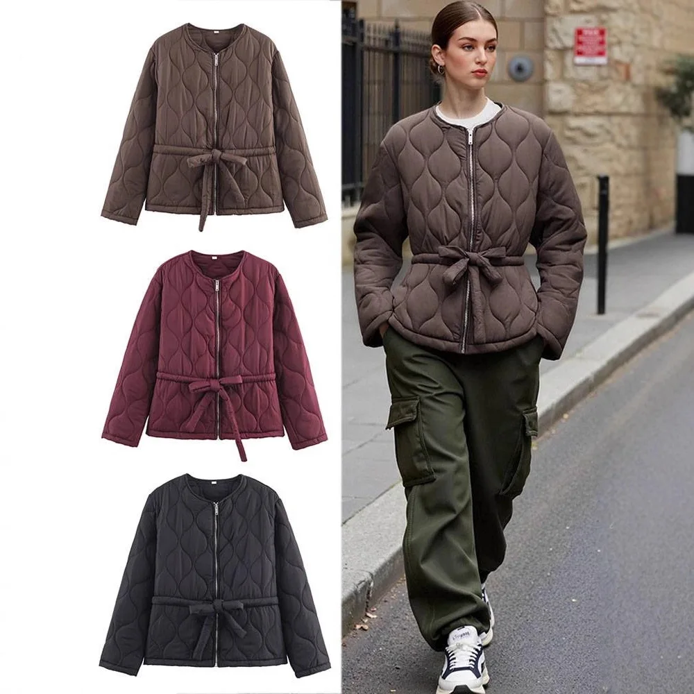 

Женская винтажная летная куртка на молнии, осень-зима, свободное стеганое хлопковое пальто с круглым вырезом, тонкая короткая верхняя одежда с длинными рукавами