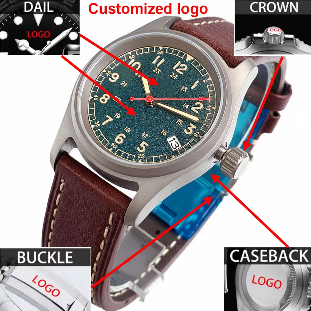 تخصيص 36 مللي متر الطيار ساعة ميكانيكية الرجال T2 التيتانيوم حالة 20ATM مقاوم للماء الغوص NH35A الحركة التلقائية ساعة اليد الجلدية