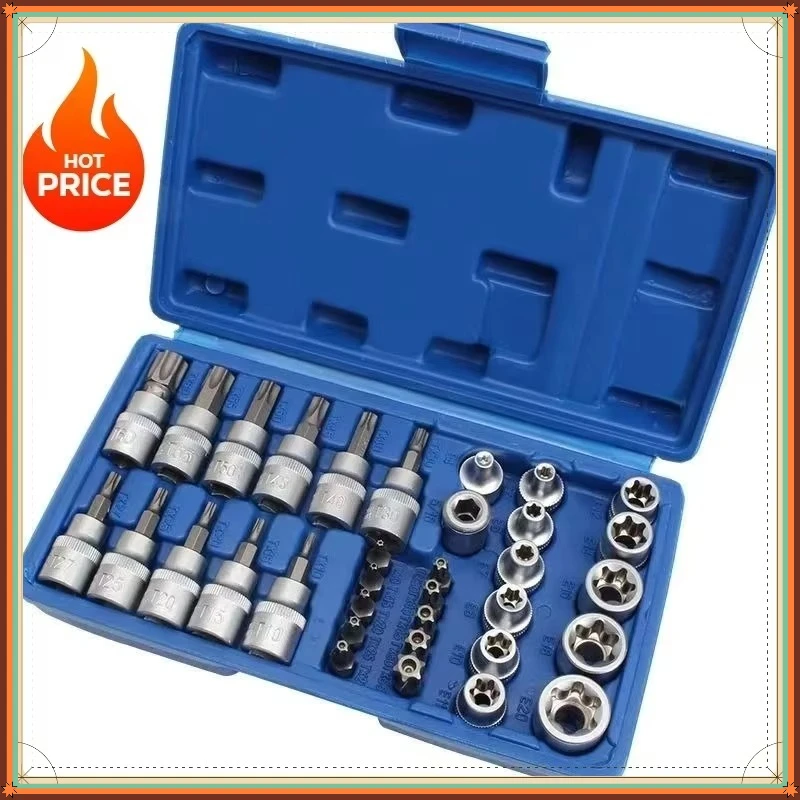 34Pcs Socket Wrench Tool Set Portable Socket Bits Combo with Blue Red Case Auto Vehicle Repair Hand Tools