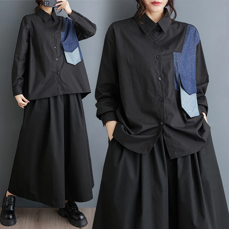 

Loose Fit Denim Patchwork Long Sve irt Women's Casual Sle Spring Autumn New Arrival k Color Blo Design Collar