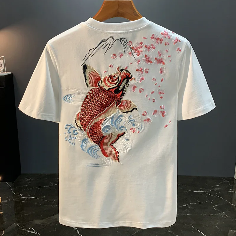 Koi embroidery printed trendy summer new short sleeved T-shirt Men's Half sleeved slim fit Chinese style casual retro Top