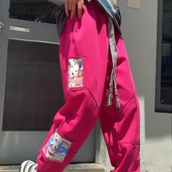 오버사이즈 스트리트웨어 트렌드 밝은 라인 스플라이싱 커플 오버올, 힙합 스타일, 루즈 캐주얼 스웻팬츠, 얇고 긴 블랙 바지 