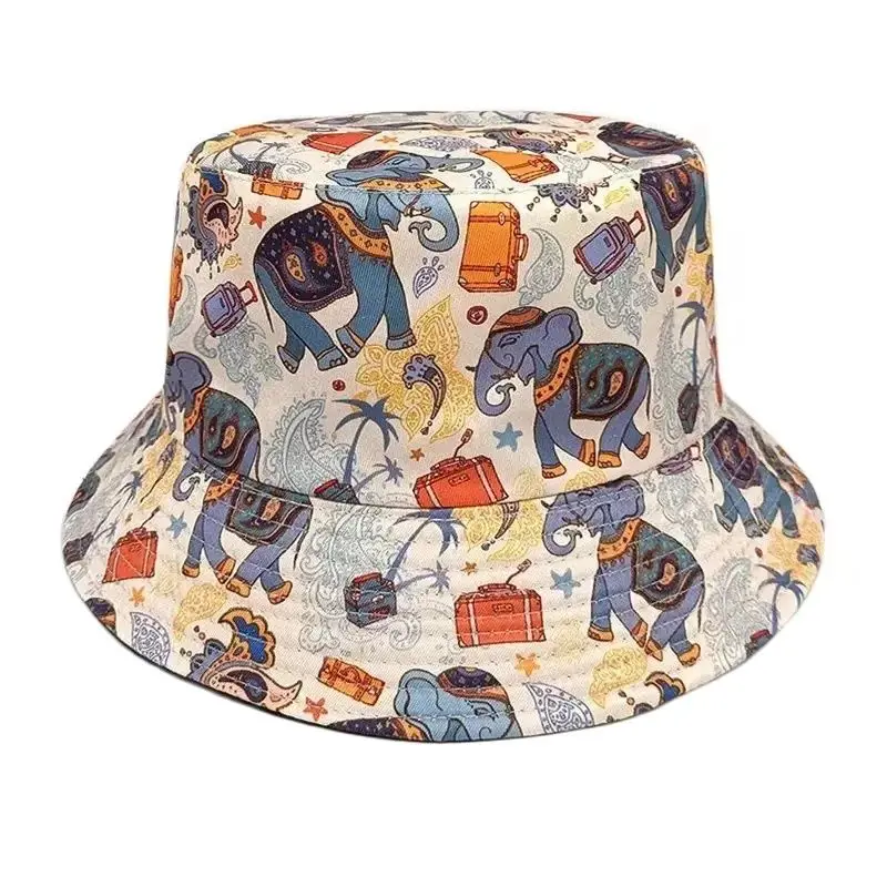 Spring Summer Polyester Cartoon Elephant Print Bucket Hat Fisherman Hat Outdoor Travel Sun Cap for Men and Women 06