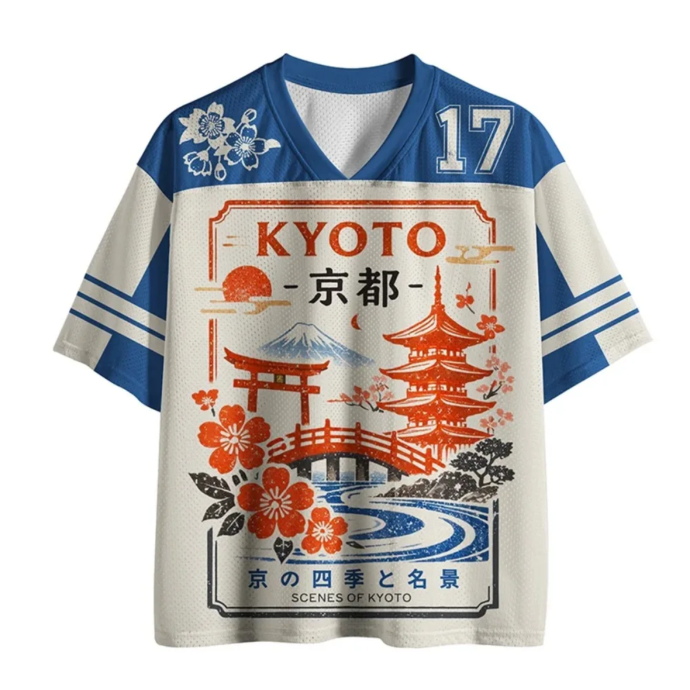Japanese Harajuku Kyoto Cherry Blossom 3D Print Breath QuickDry Men's V-Neck T-Shirt Outdoor Street Casual Parent-Child Clothing