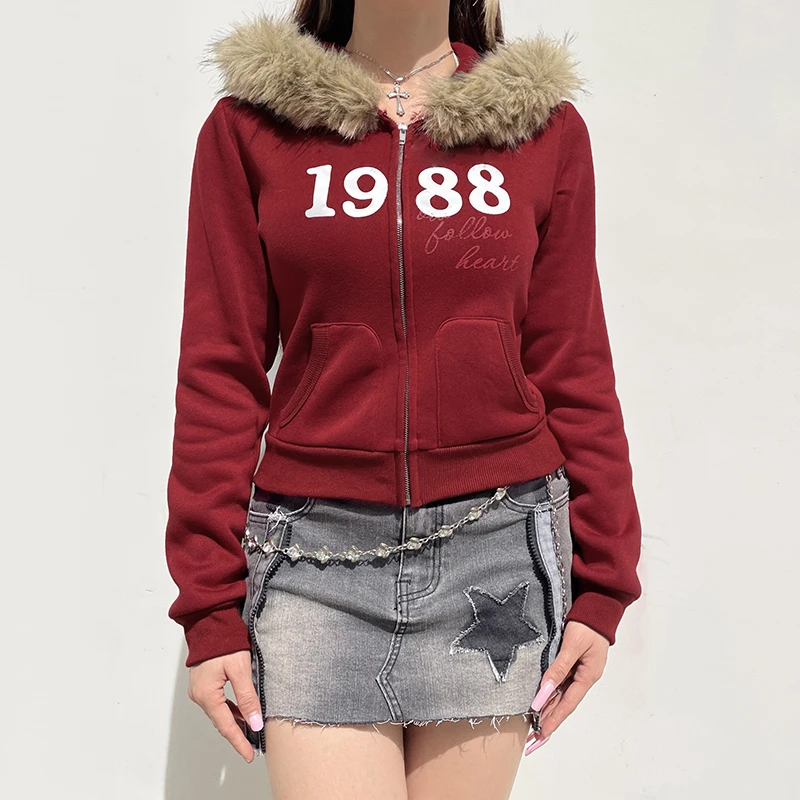 HEYounGIRL Y2K Fur Trim Hooded Sweatshirt Red Letter Print Zipper Coat with Pocket Women Streetwear Winter 90s Outwear Vintage