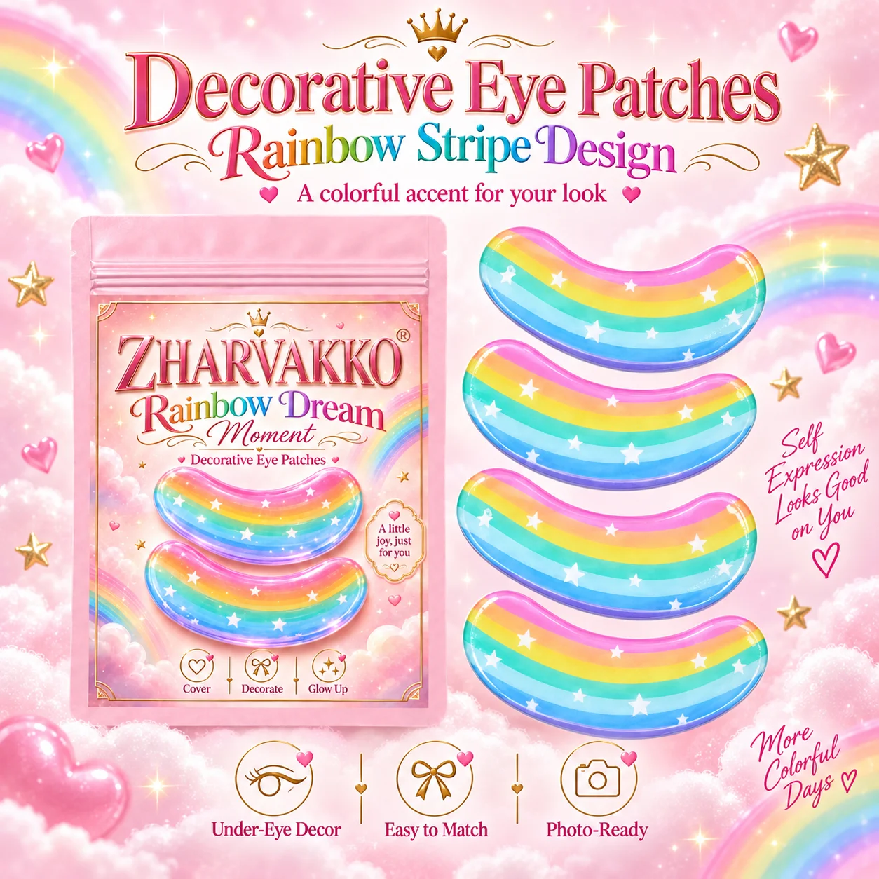 4/8pcs Pastel Gradient Star Decorative Eye Patches, Glossy-Look Stripes, Dreamy Festival Makeup, Selfies & Kawaii Style