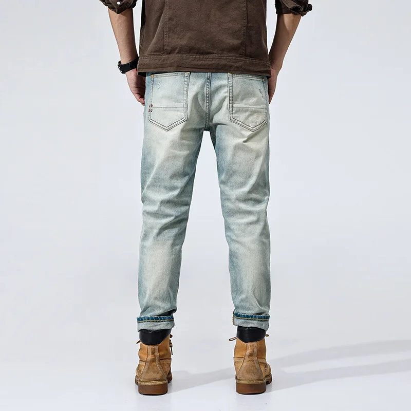 夏の高品質ミニマリストスリムフィットライトブルージーンズ若い日本人快適な男性カーゴパンツ男性メンズリッピングジーンズ