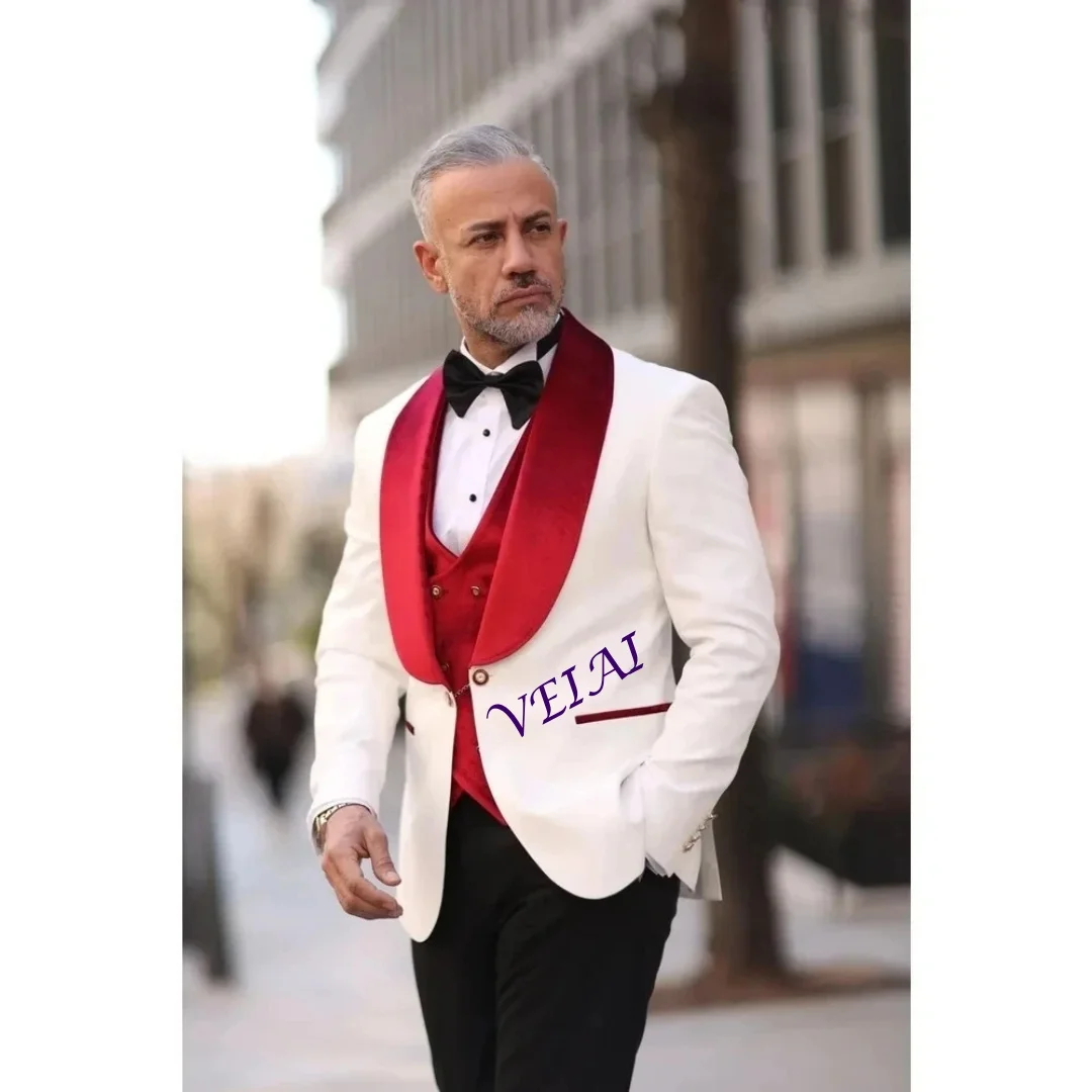 Customized Men's Red Velvet Tuxedo Wedding Outfit with Shawl Lapel Blazer Jacket Vest And Pants Business Formal Wear Suits