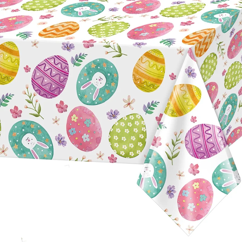 Easter Party Tablecloth Spring Picnic Waterproof Wipeable Plastic Table Cover Easter Disposable Table Cloths with Egg Floral