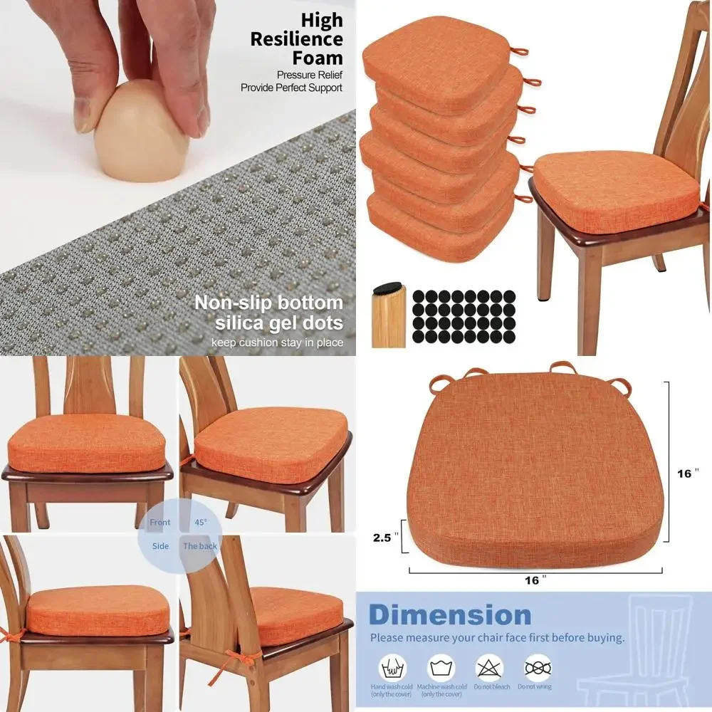 

Набор из 6 U-образных подушек из пеноматериала толщиной 2,5 см для обеденных стульев, удобные кухонные подушки для сидений с нескользящей основой (оранжевые)