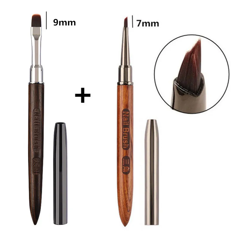 Brosse à ongles triangulaire en acrylique, 2 pièces, stylo pour poudre de manucure, manche rond en bois, pinceaux de construction de Gel
