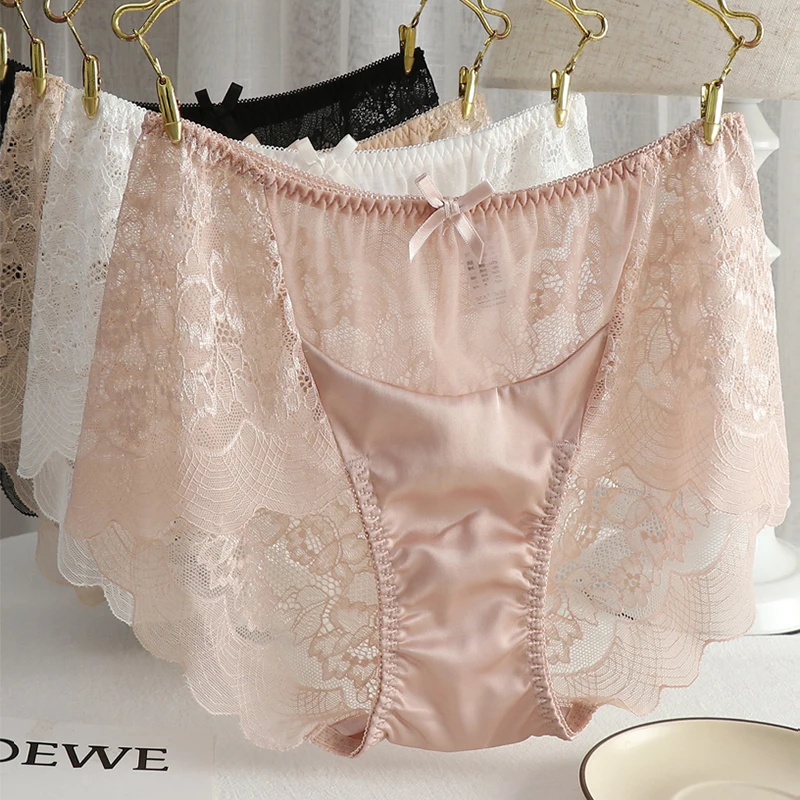 Plus Size Satin Panties for Women High Quality Sexy Lace Bow Thin Transparent Mesh Panties Underwear Women Lingerie Large Size