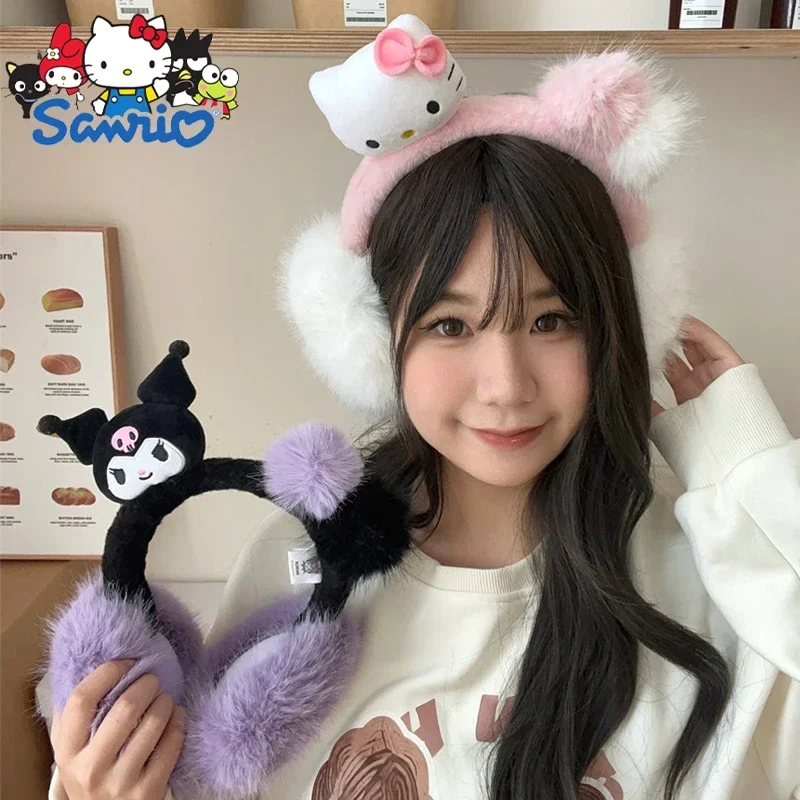 Kawaii Sanrio Hello Kitty Plush 3D Figure Earmuffs Cartoon My Melody Kuromi Winter Warm Earmuffs Fashion Cute Headdress Gift