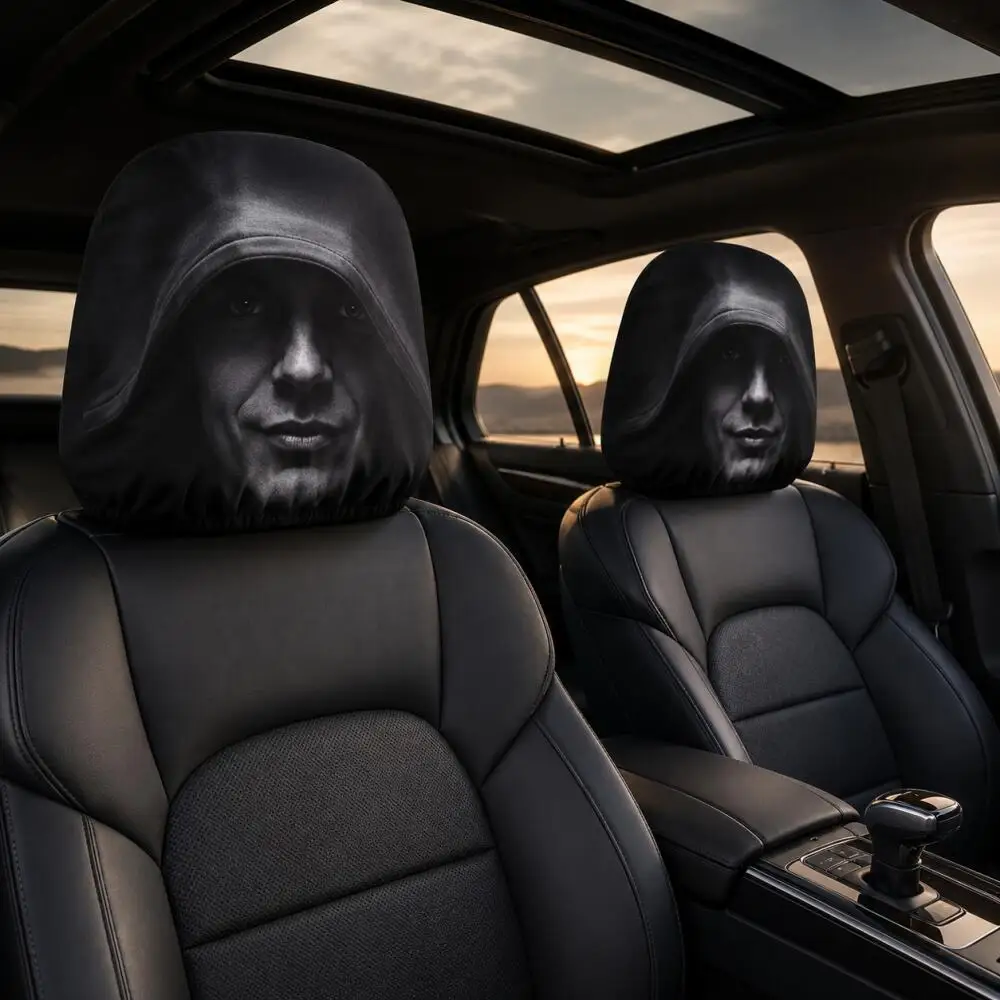 2er-Set Geheimnisvolle Kapuzenmann-Gesichts-Auto-Kopfstützenbezüge – 2D Flache Coole Hoodie-Designs in Schwarz – Universeller Auto-Kopfstützenschutz für die Straße