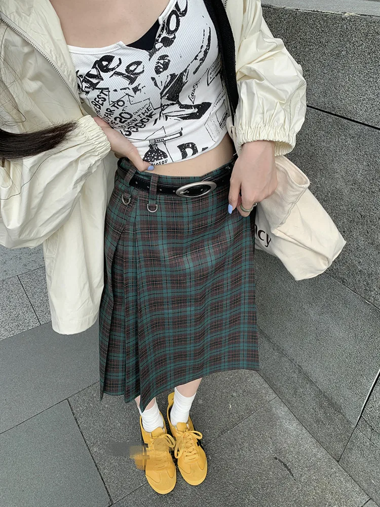 Korean style Preppy Fashion Vintage Plaid Summer Women Midi Skirt High Waist Pleated A-line Temperament Loose Y2K Skirt