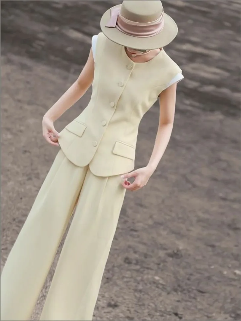 

Новый высококачественный элегантный комплект из двух предметов для женщин, офисный женский летний модный тонкий топ без рукавов с круглым вырезом + широкие брюки, костюм