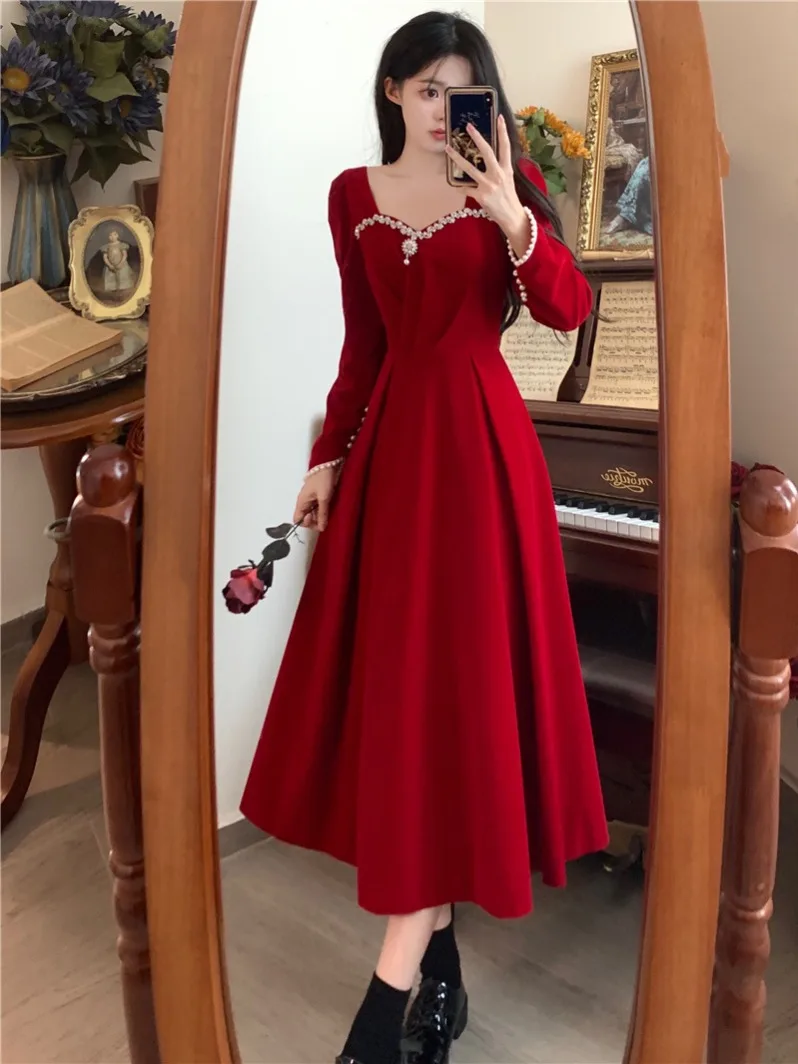 Burgundy Velvet Prom Dresses Square Collar Long Sleeve Pearl Crystal Long Engagement Dress Plus Size Female Formale Gowns