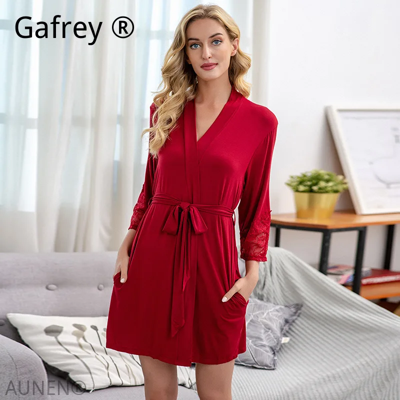 

Women's Plus Size XXL Solid Modal Cotton Robe, Lace Trim Red Nightgown Bathrobe, Loose Casual Loungewear Morning Gown For Ladies