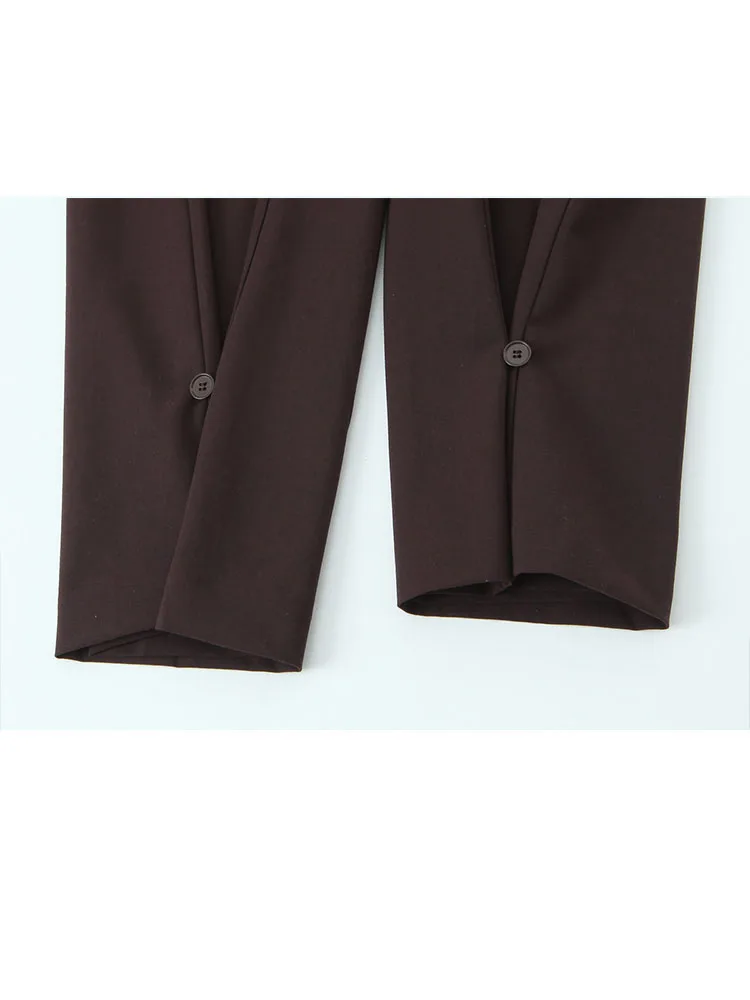 HH Abito da donna in 2 pezzi solido moda colletto rovesciato bottone cintura a maniche lunghe decorare giacca + pantaloni a pieghe con orlo tascabile estivo